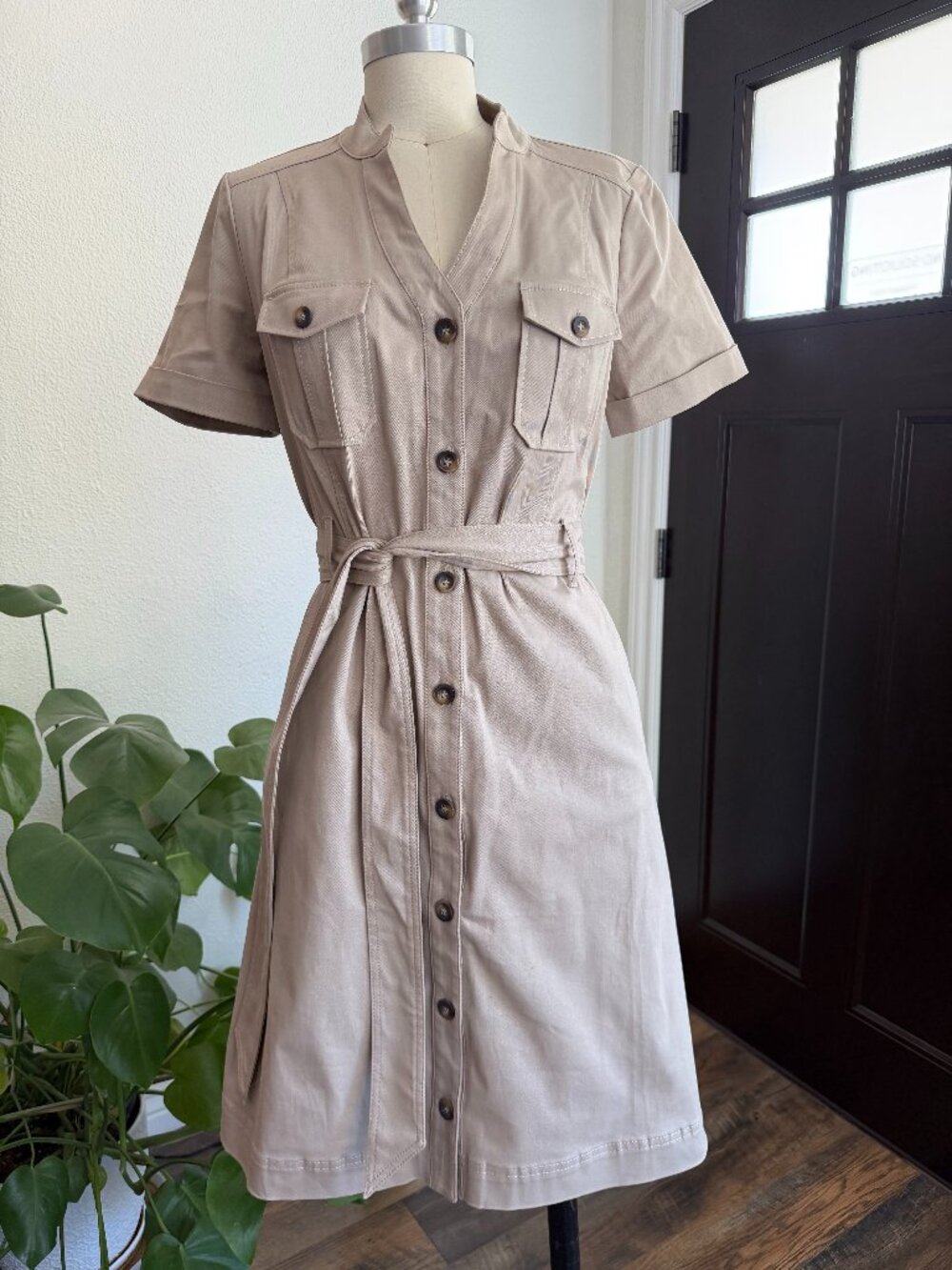 NWT Boden Safari Button Down Belted Cargo Pocket Tan Stretch Dress Sz 6R Preppy
